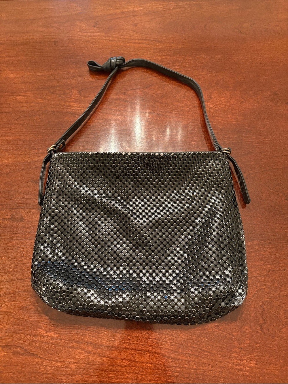 Whiting and Davis Black Metal Mesh with Leather Strap Crossbody Shoulder Bag